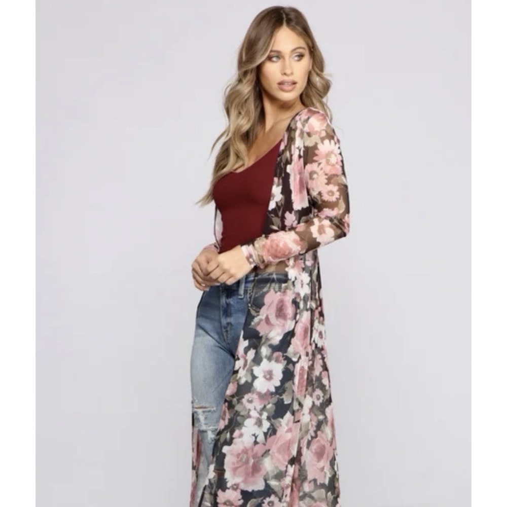 Sheer Duster Long Floral Whimsygoth Festival Mesh Black Pink Gothic Medium